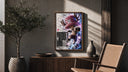 Tony Tony Chopper anime character poster framed above a fluted sideboard beside an olive tree