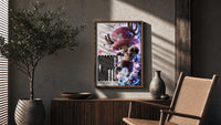 Tony Tony Chopper anime character poster framed above a fluted sideboard beside an olive tree