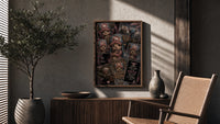 Tony Tony Chopper reindeer character collage poster framed above a fluted sideboard beside an olive tree