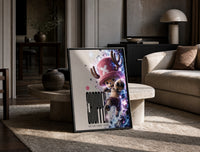 Tony Tony Chopper anime character print in a black frame leaning on a travertine table in a sunlit lounge