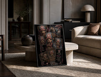 Tony Tony Chopper reindeer character collage print in a black frame leaning on a travertine table in a sunlit lounge