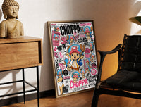 Brass-framed Tony Tony Chopper anime character print leaning in a warm styled corner by a sculpture