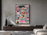 Tony Tony Chopper anime character poster framed above a wood console in a concrete-wall living room