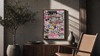 Tony Tony Chopper anime character poster framed above a fluted sideboard beside an olive tree