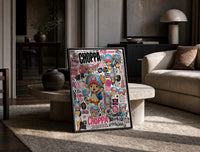 Tony Tony Chopper anime character print in a black frame leaning on a travertine table in a sunlit lounge