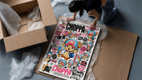 Tony Tony Chopper anime character framed print being unpacked from protective bubble wrap and a box