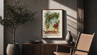 Toy Soldier Merry Christmas poster framed above a fluted sideboard beside a potted tree