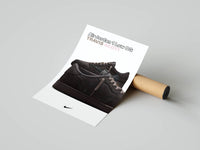 Travis Scott AJ1 Low Dark Mocha sneaker art print laid flat beside a cardboard shipping tube