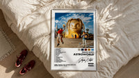 Travis Scott Astroworld Album Cover framed print styled on a bed with sneakers alongside
