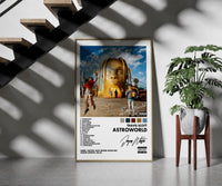 Travis Scott Astroworld Album Cover framed print on a staircase entryway wall beside a plant