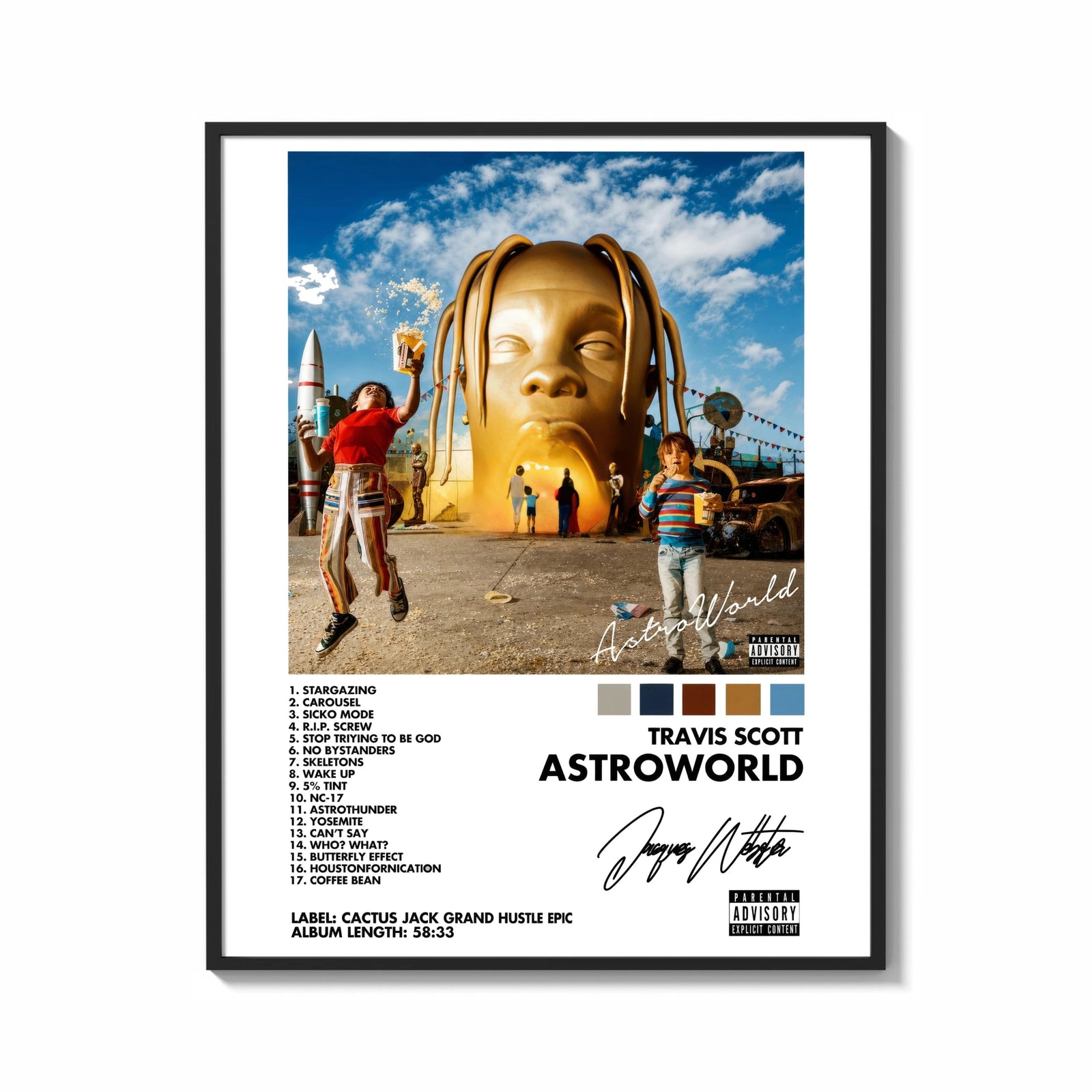 Framed Travis Scott Astroworld Album Cover print shown as a statement piece on a gallery wall