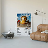 Travis Scott Astroworld Album Cover poster framed above a tan leather living-room couch