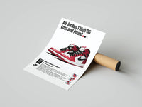 Travis Scott Cactus Jack Air Jordan 1 poster printed with release stats leaning against a shipping tube