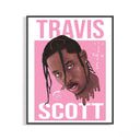 Black framed Cactus Jack portrait with braided hair artwork set against a pink background