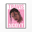 Travis Scott Cactus Jack Portrait poster in black frame showing stylized artwork with braided hair on pink background