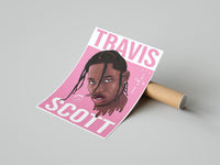 Woman opening cardboard packaging to reveal a framed pink Travis Scott Cactus Jack portrait on concrete