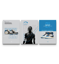 Three-panel triptych showing a Fragment sneaker, Travis Scott portrait, and blue Air Jordan 1 side by side