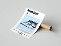 Travis Scott Fragment x Air Jordan 1 editorial poster with Cactus Jack logo shown as a rolled print