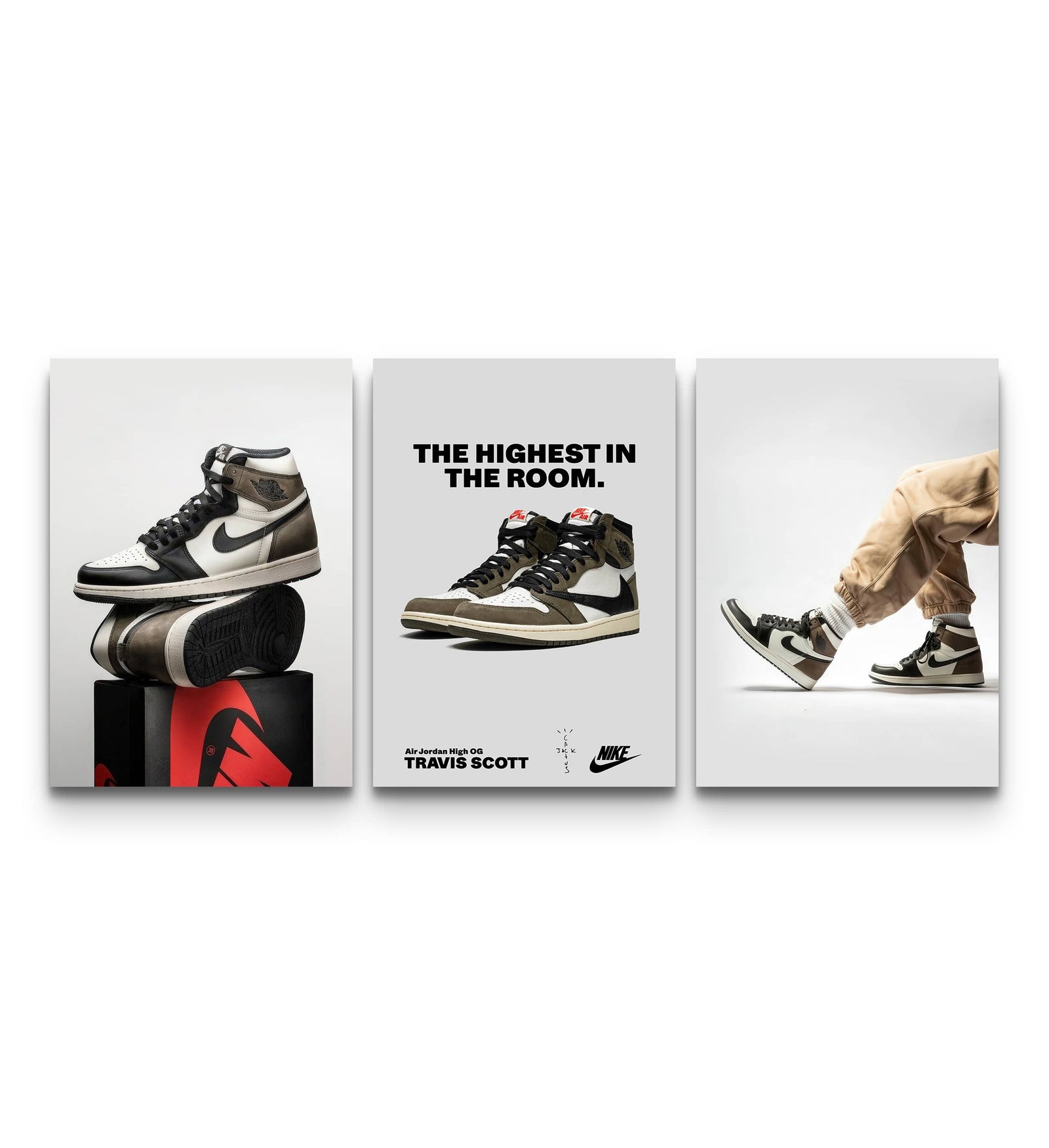Three Travis Scott Jordan 1 prints showing pedestal, typography and on-foot angles on a white background