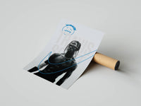 Shirtless Travis Scott portrait panel featuring the Cactus Jack icon and a blue Nike swoosh next to a shipping tube