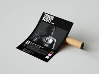 Shirtless Travis Scott portrait print with a pink palette strip presented as a rolled print on grey