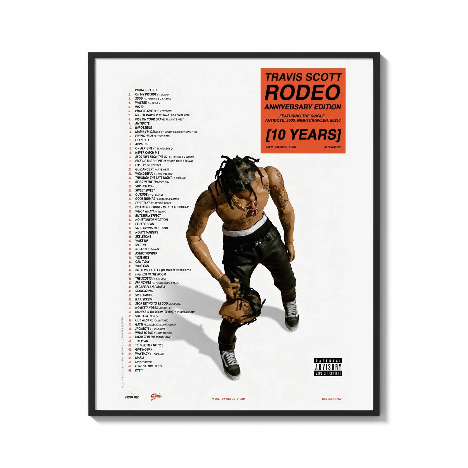 Framed Travis Scott Rodeo Anniversary print shown as a statement piece on a gallery wall