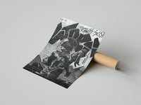 Mockup of the Utopia album cover poster in black and white comic-style art beside a cardboard shipping tube