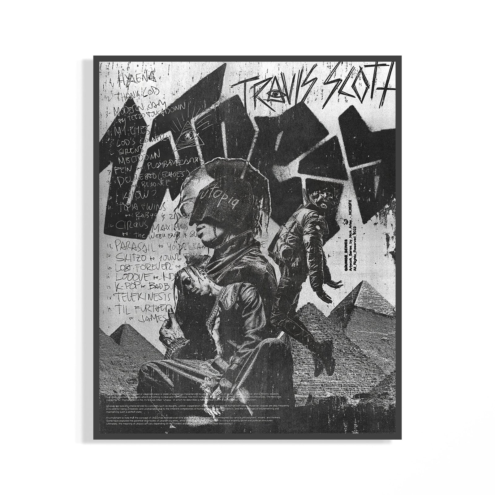 Travis Scott Utopia poster in a white frame showing dystopian black and white artwork with full track listing