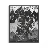 Travis Scott Utopia poster in a white frame showing dystopian black and white artwork with full track listing