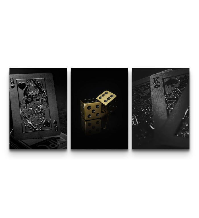 Trio of black and gold playing card posters featuring queen of hearts, gold dice, and king of spades