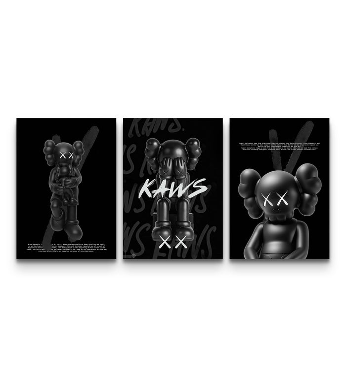 Three monochrome KAWS Companion figures in black-on-black poses with KAWS text across the poster