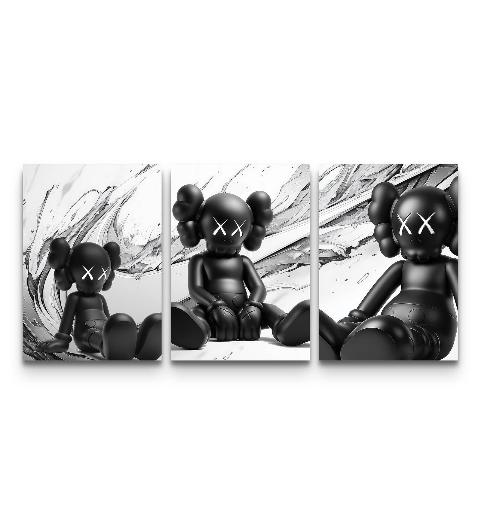 Trio of KAWS Est. 1999 prints with seated black companion figures over silver liquid paint splash backgrounds