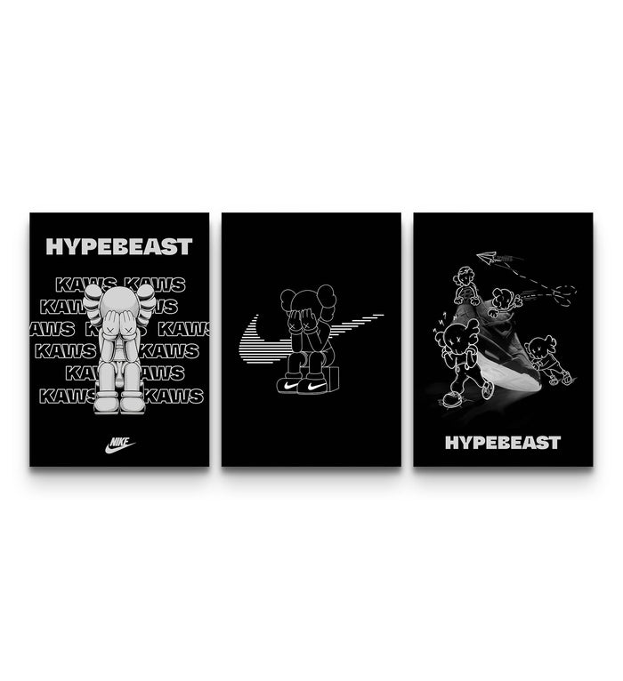Three KAWS Hypebeast posters on black showing Companion figures, a Nike swoosh and HYPEBEAST branding side by side