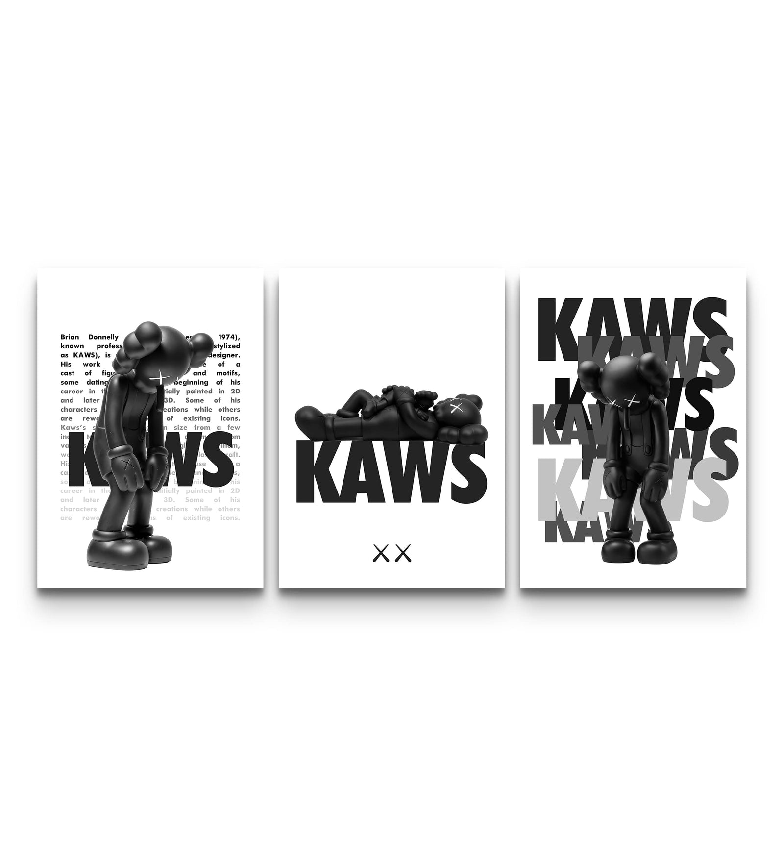 Three monochrome KAWS prints displayed together showing biography text, a reclining companion and stacked typography