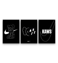 Three monochrome KAWS Nike posters featuring a Companion figure, NIKE x split layout, and swoosh text on black