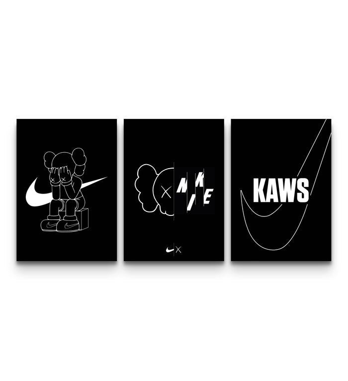 Three monochrome KAWS Nike posters featuring a Companion figure, NIKE x split layout, and swoosh text on black