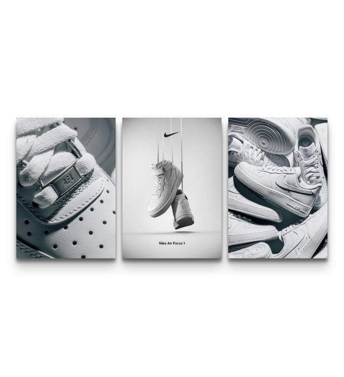 Three Nike Air Force 1 Triple White posters showing lace detail, a hanging pair and stacked soles in black and white