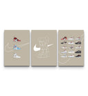 Trio of Off-White Nike posters on tan backgrounds with illustrated Jordan 1s, KAWS figure, and The Ten grid