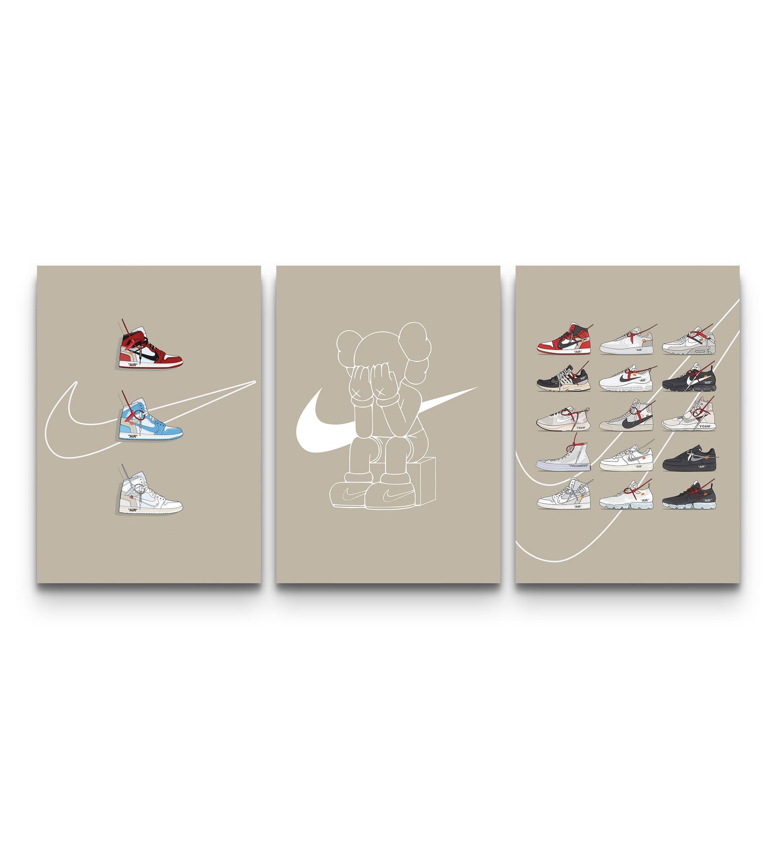 Three Off-White Nike art prints on tan backgrounds showing Jordan 1s, a KAWS figure, and The Ten release grid