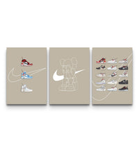 Three Off-White Nike art prints on tan backgrounds showing Jordan 1s, a KAWS figure, and The Ten release grid