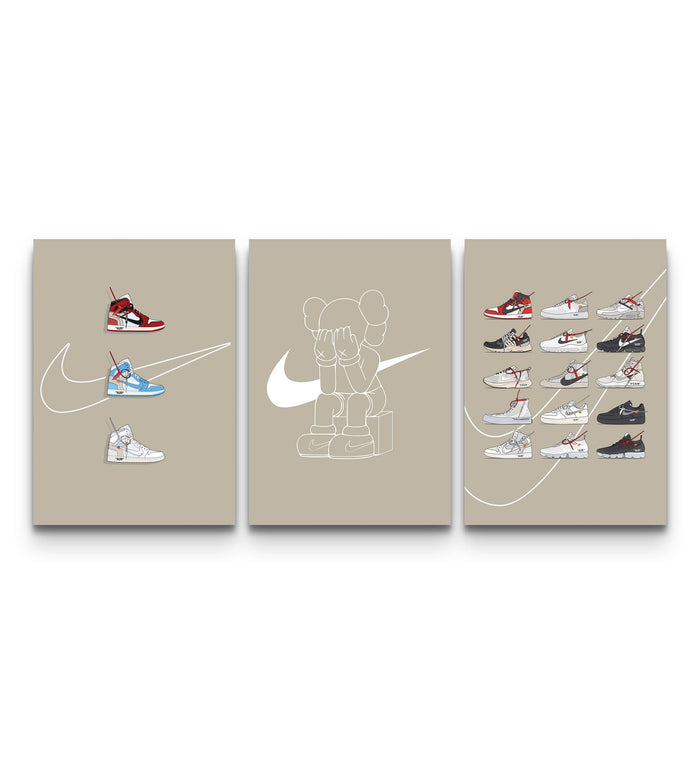 Three Off-White Nike art prints on tan backgrounds showing Jordan 1s, a KAWS figure, and The Ten release grid