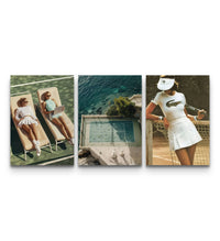 Trio of vintage tennis posters showing poolside loungers, a cliffside court and a player in whites