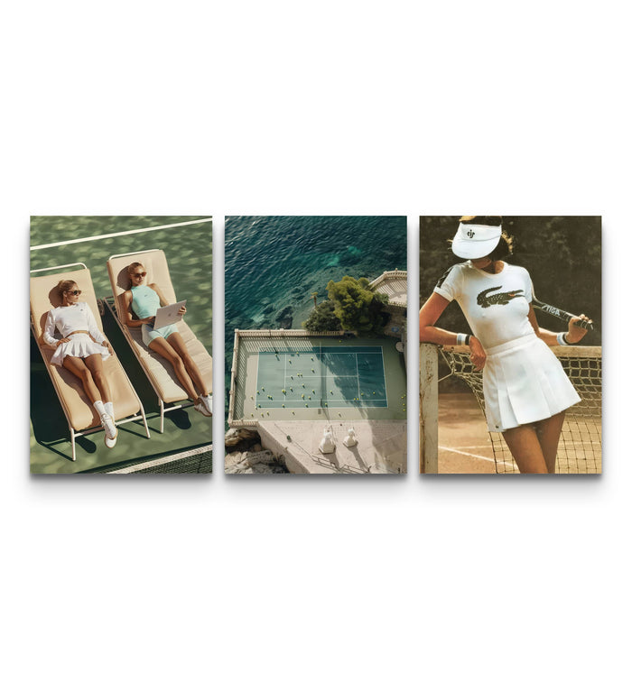 Trio of vintage tennis posters showing poolside loungers, a cliffside court and a player in whites