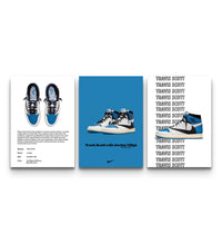 Trio of blue Travis Scott Air Jordan 1 High posters showing top-down, side profile, and Cactus Jack branding views