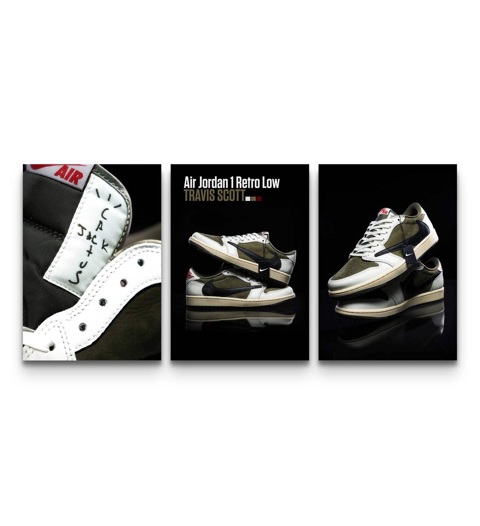 Three olive and black Travis Scott Air Jordan 1 Retro Low OG sneaker posters arranged on dark walls