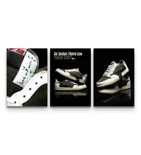 Three olive and black Travis Scott Air Jordan 1 Retro Low OG sneaker posters arranged on dark walls