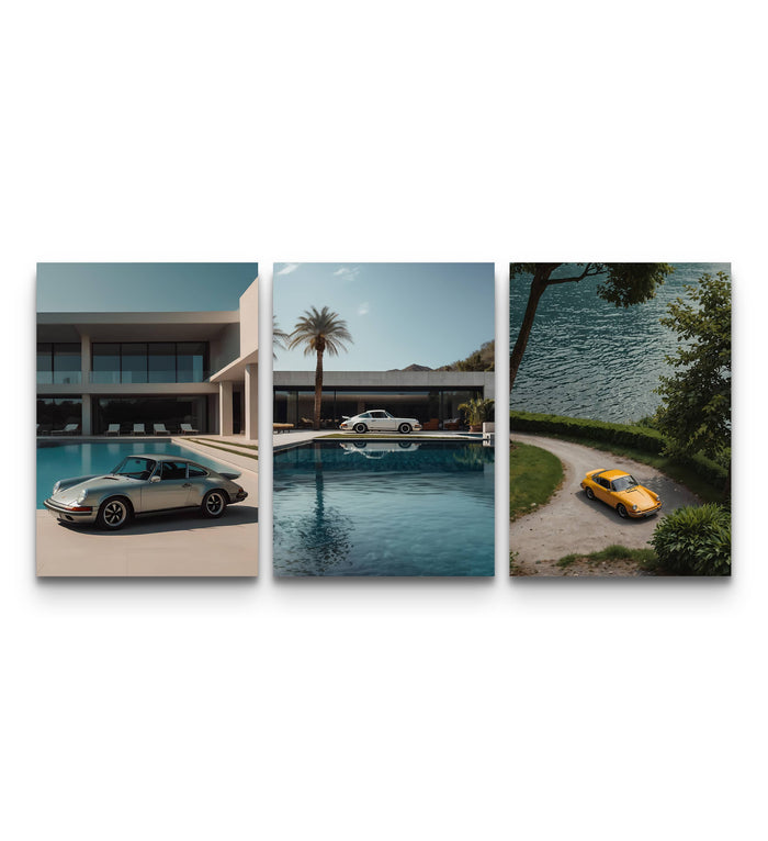 Three vintage Porsche 911 posters set in poolside, palm tree, and lakeside scenic backdrops