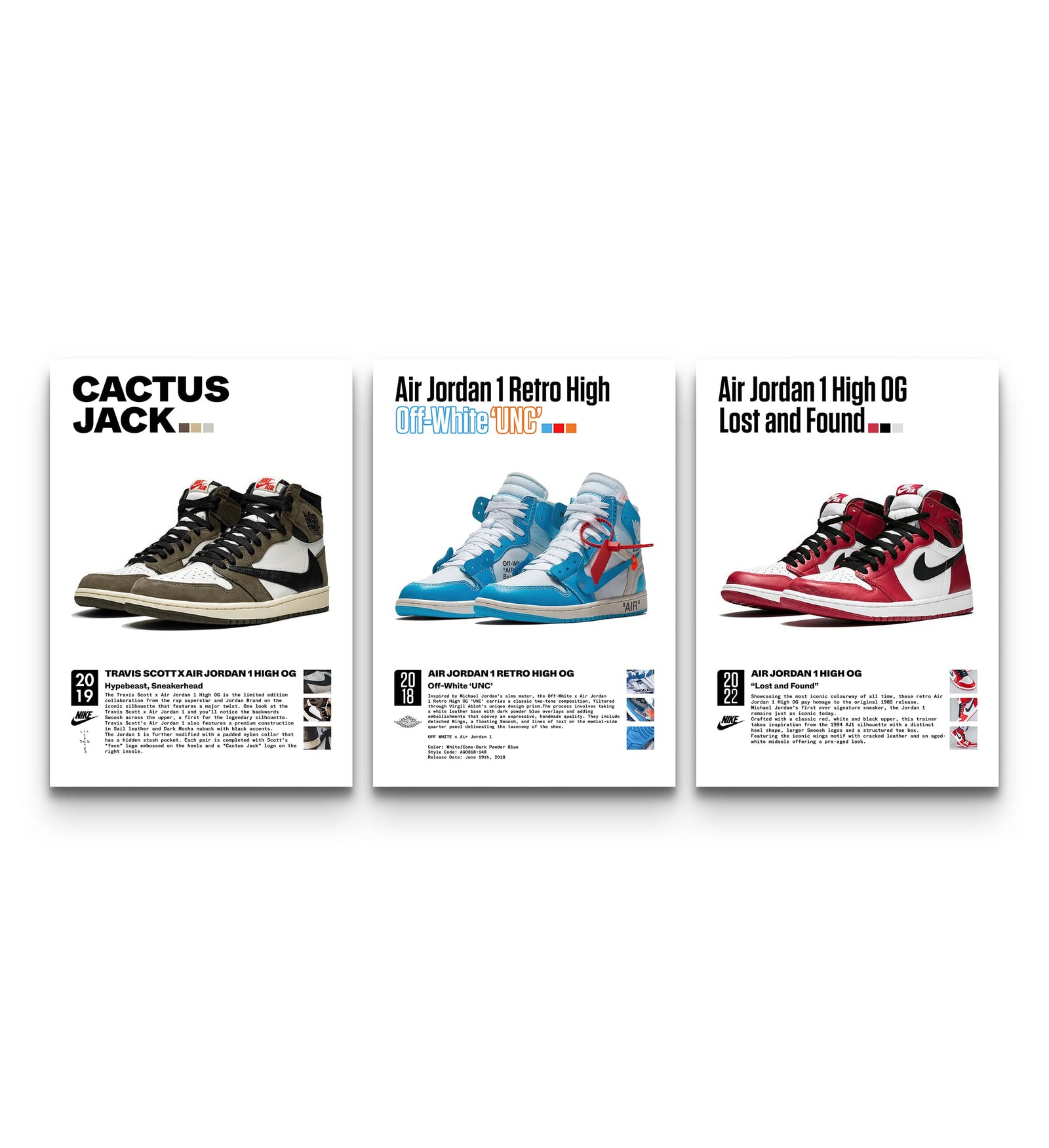 Trio of Air Jordan 1 sneaker poster cards showing Cactus Jack, Off-White UNC and Lost and Found designs in a row