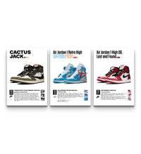 Trio of Air Jordan 1 sneaker poster cards showing Cactus Jack, Off-White UNC and Lost and Found designs in a row
