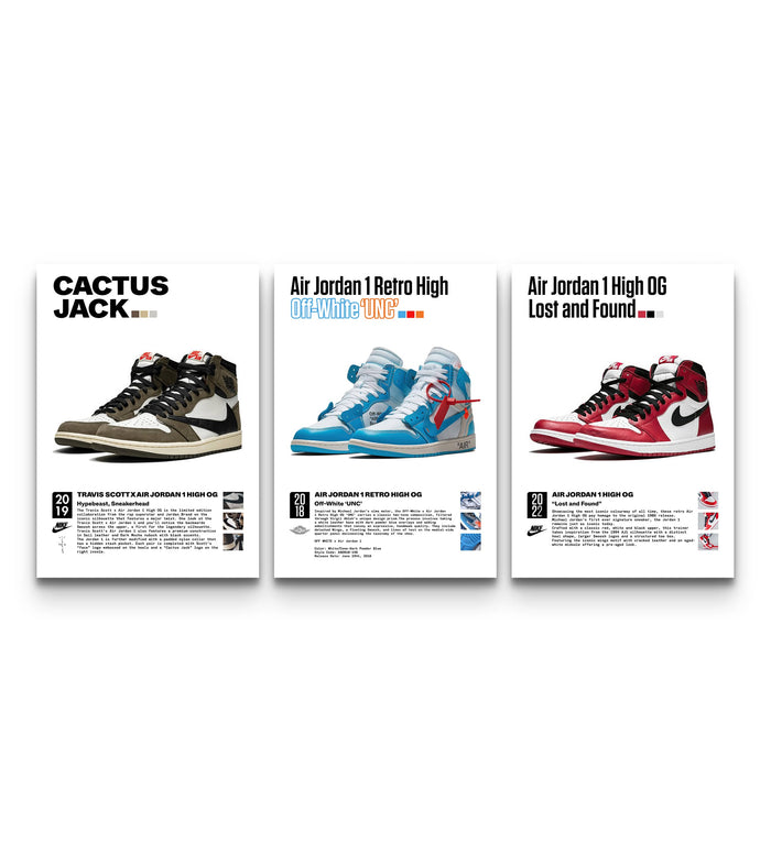 Trio of Air Jordan 1 sneaker poster cards showing Cactus Jack, Off-White UNC and Lost and Found designs in a row